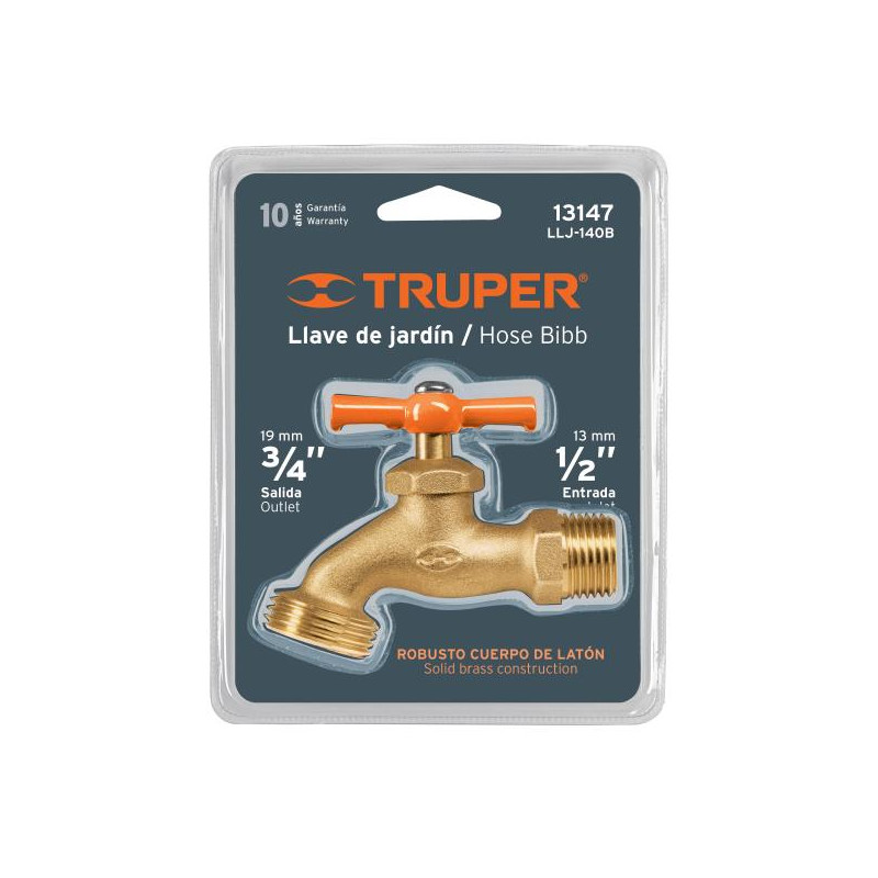  Caño para Jardin Conexión Roscada Macho 1/2" Salida 3/4", de Laton 140g en Blister, LL-JAR-B-2 13147 Truper 12.20339 Caño para 