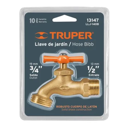  Caño para Jardin Conexión Roscada Macho 1/2" Salida 3/4", de Laton 140g en Blister, LL-JAR-B-2 13147 Truper 12.20339 Caño para 