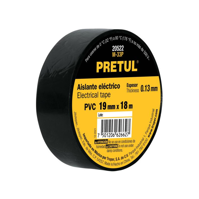  Cintas Aislantes 19mm x18m negro acrilico E0.13mm Flexible Pretul 20522 1.864407 Cinta Aislante Negro 19 mm x 18 m, Pretul 2052
