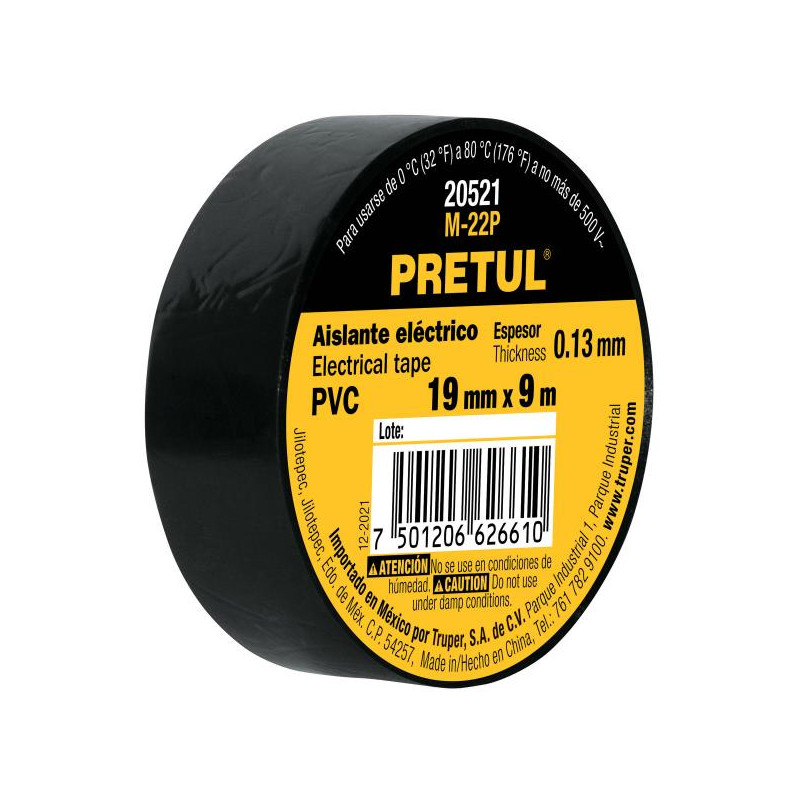  Cintas Aislantes 19mm x9m Negro acrilico E0.13mm, Flexible Pretul 20521 1.016949 Cinta Aislante Negro 19 mm x 9 m, Pretul 20521