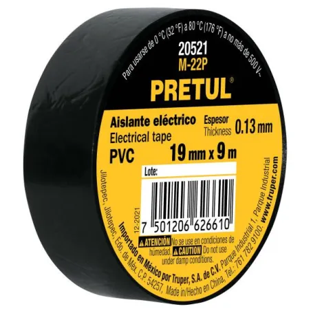  Cintas Aislantes 19mm x9m Negro acrilico E0.13mm, Flexible Pretul 20521 1.016949 Cinta Aislante Negro 19 mm x 9 m, Pretul 20521