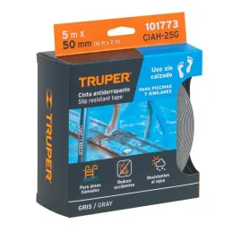  Cintas Antiderrapante 2" x5m Grises Entornos Humedos, Truper 101773 20.338983 Cinta Antiderrapante 2" (50mm) x 5M Gris para Are