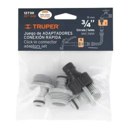  Conector Adaptador Sistema Click Repuesto, Entrada 3/4", Incluye 3 Conectores Machos y 1 Conector Hembra, SET-4AD 12730 Truper 