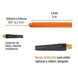  Mangueras para compresor de Alta Presion de PVC 1/4" Conector Movil 5 m, MAN-PI-5-1/4 19013 Truper 15.084746 Manguera para comp
