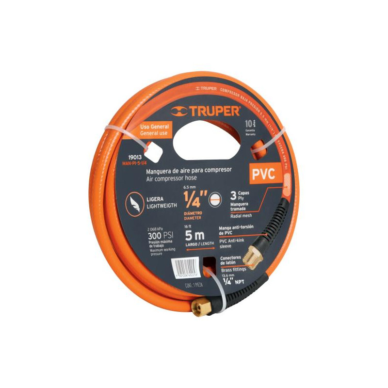  Mangueras para compresor de Alta Presion de PVC 1/4" Conector Movil 5 m, MAN-PI-5-1/4 19013 Truper 15.084746 Manguera para comp