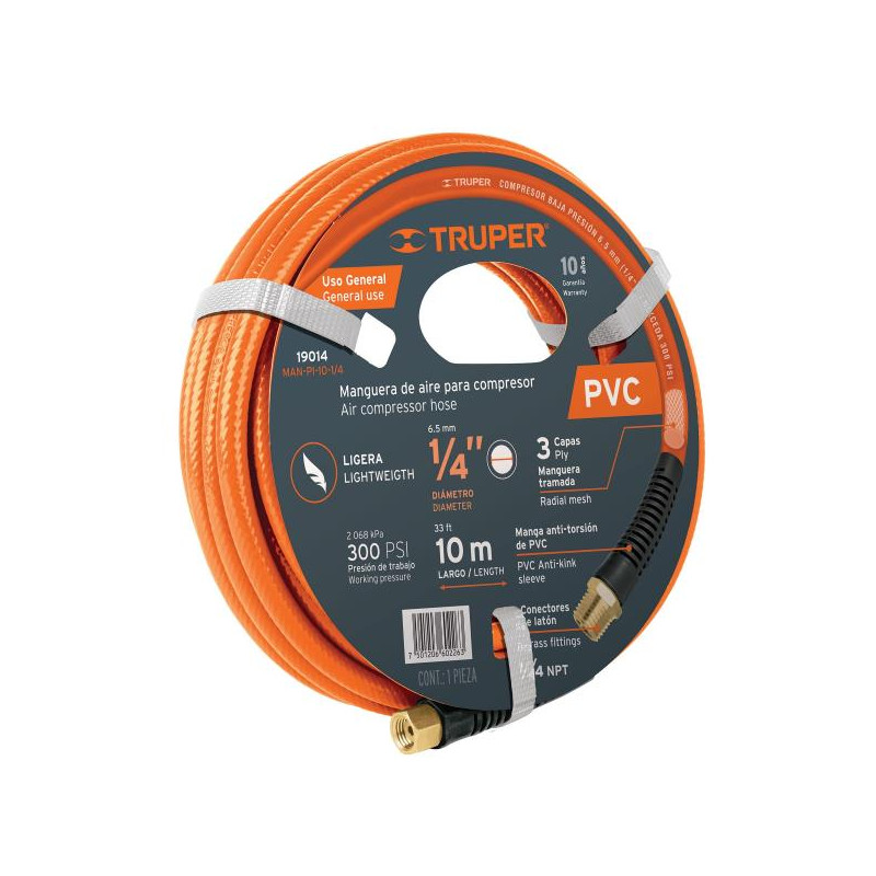  Mangueras para compresor de Alta Presion de PVC 1/4" Conector Movil 10 m, MAN-PI-10-1/4 19014 Truper 25.423729 Manguera para co