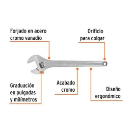  Llave Francesa 15" A1-3/4" Profesionales CrVanadio Cromadas Truper 100049 46.610169 Llave Francesa 15" A1-3/4" Profesionales Cr