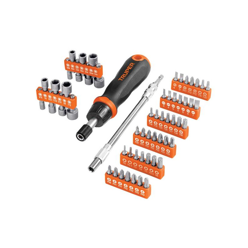  Desarmador Tipo Ratchet 42 puntas 14 dados CrVanadio Truper 18220 39.830508 Desarmador Tipo Ratchet 42 puntas 14 dados CrVanadi