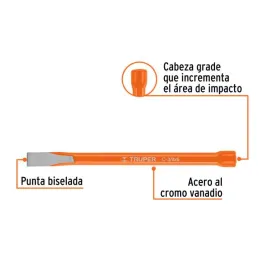  Cincel Plano 6" Cuña 3/8", Acero al cromo Vanadio, Cabeza grande, C-3/8X6 12106 Truper 4.067797 Cincel Corte Frío Plano 3/8" x 