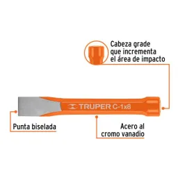  Cincel Plano 8" Cuña 1", Acero al cromo Vanadio, Cabeza grande, C-1X8 12160 Truper 14.915254 Cincel Corte Frío Plano 1" x 8", C