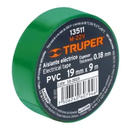 Cintas Aislantes 19mm x9m Verde acrilico E0.18mm Flexible Encogible Truper 13511 1.186441 Cinta Aislante Verde 19 mm x 9 m, Tru