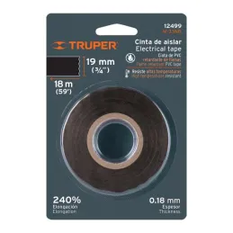  Cintas Aislantes Negro 18m x 19 mm, Adhesivo acrilico Espesor 0.15mm, Flexible en Blister, M-33NB 12499 Truper 2.881356 Cinta A