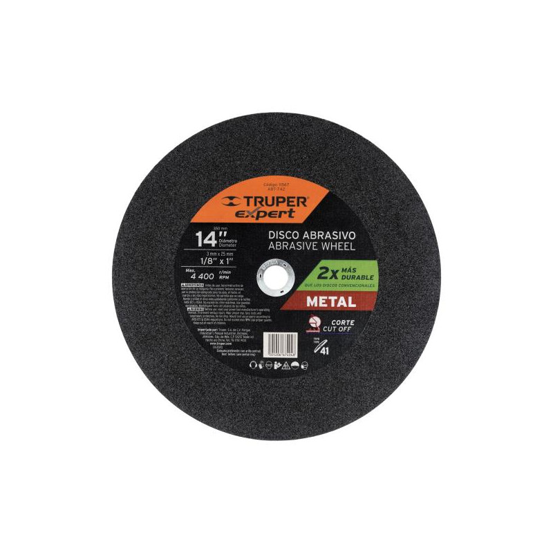 Discos Corte Metal 14" 355.6x2.8mm C1" T41 Chop Saw, Oxido de Alumino, ABT-742 11567 Truper 13.559322 Discos Corte Metal 14" 35