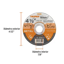  Discos Corte Metal 4 1/2" x1mm T41 Oxido de Alumino, DICOF-4510 12545 Truper 1.694915 Discos Corte Metal 4 1/2" x1mm T41 Oxido 