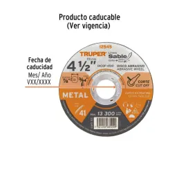 Discos Corte Metal 4 1/2" x1mm T41 Oxido de Alumino, DICOF-4510 12545 Truper 1.694915 Discos Corte Metal 4 1/2" x1mm T41 Oxido 