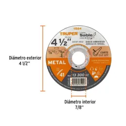  Discos Corte Metal 4 1/2" x1.2mm T41 Oxido de Aluminio, DICOF-4512 11584 Truper 1.694915 Discos Corte Metal 4 1/2" x1.2mm T41 O