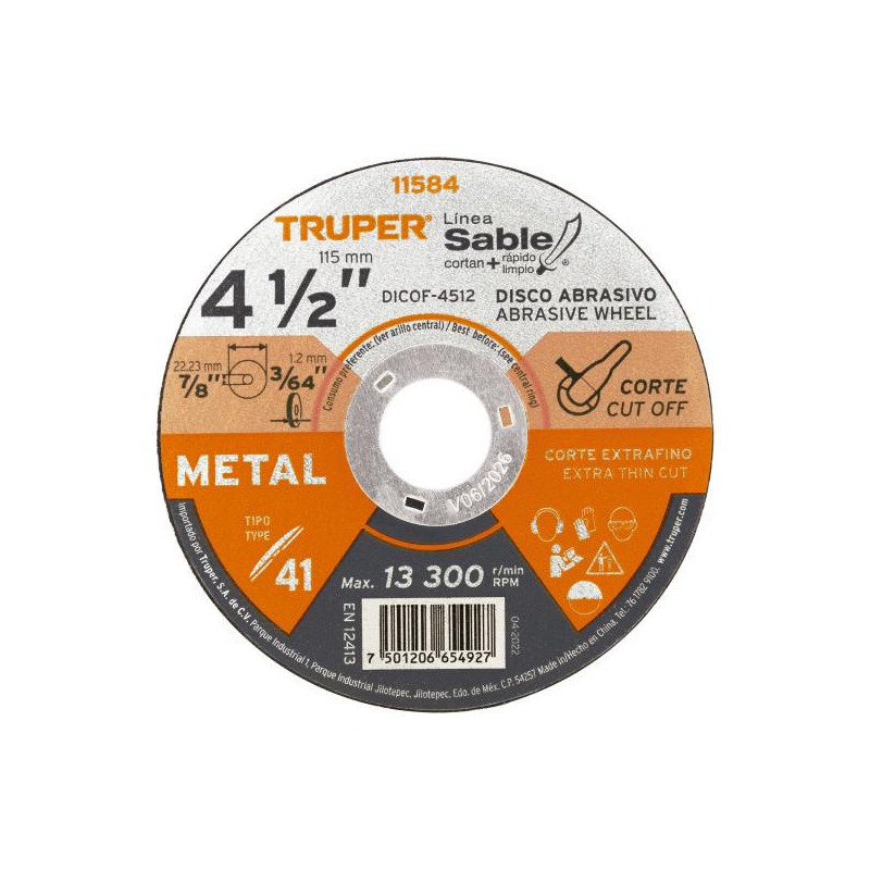  Discos Corte Metal 4 1/2" x1.2mm T41 Oxido de Aluminio, DICOF-4512 11584 Truper 1.694915 Discos Corte Metal 4 1/2" x1.2mm T41 O
