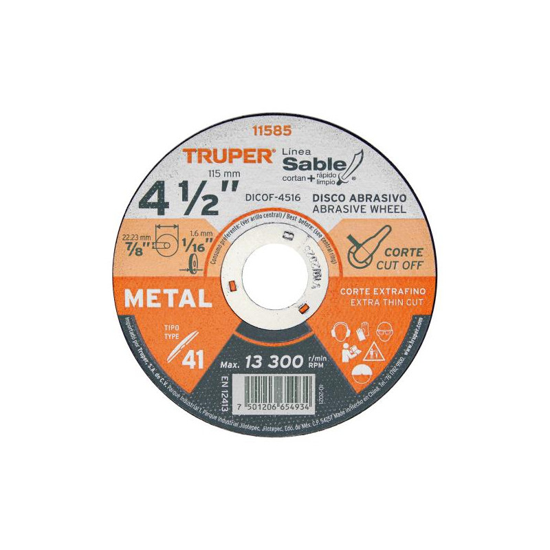  Discos Corte Metal 4 1/2" x1.6mm T41 Oxido de AL, DICOF-4516 11585 Truper 2.033898 Discos Corte Metal 4 1/2" x1.6mm T41 Oxido d