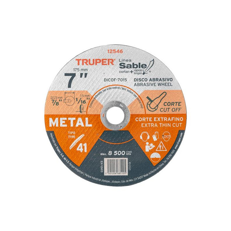  Discos Corte Metal 7" x1.5mm T41 Oxido de Alumino, DICOF-7015 12546 Truper 3.813559 Discos Corte Metal 7" x1.5mm T41 Oxido de A