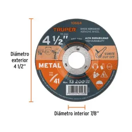  Discos Corte Metal 4 1/2" x2mm T41 Oxido de Alumino, ABT-786 10664 Truper 2.033898 Discos Corte Metal 4 1/2" x2mm T41 Oxido de 