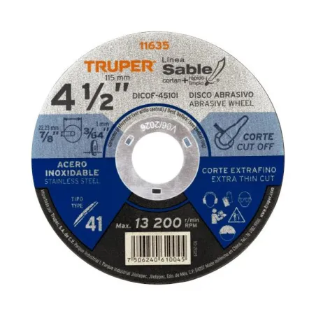  Discos Corte Metal 4 1/2" x1mm T41 Inox Oxido Aluminio, ABT-751 11635 Truper 2.288136 Discos Corte Metal 4 1/2" x1mm T41 Inox O