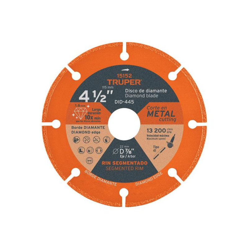  Discos de diamantes 4-1/2" x1.6mm para corte metal E7/8 Truper 15156 35.59322 Discos de diamantes 4-1/2" x1.6mm para corte meta