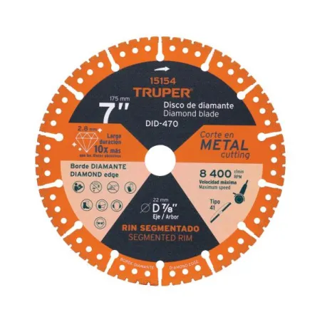  Discos de diamantes 7" x2.8mm para corte metal E7/8 Truper 15156 63.559322 Discos de diamantes 7" x2.8mm para corte metal E7/8 