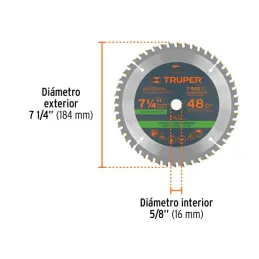  Discos de Sierra 7-1/4" 48Dientes C5/8" Plastico Madera carburo de tungsteno, Truper 18317 25.423729 Discos de Sierra 7-1/4" 48