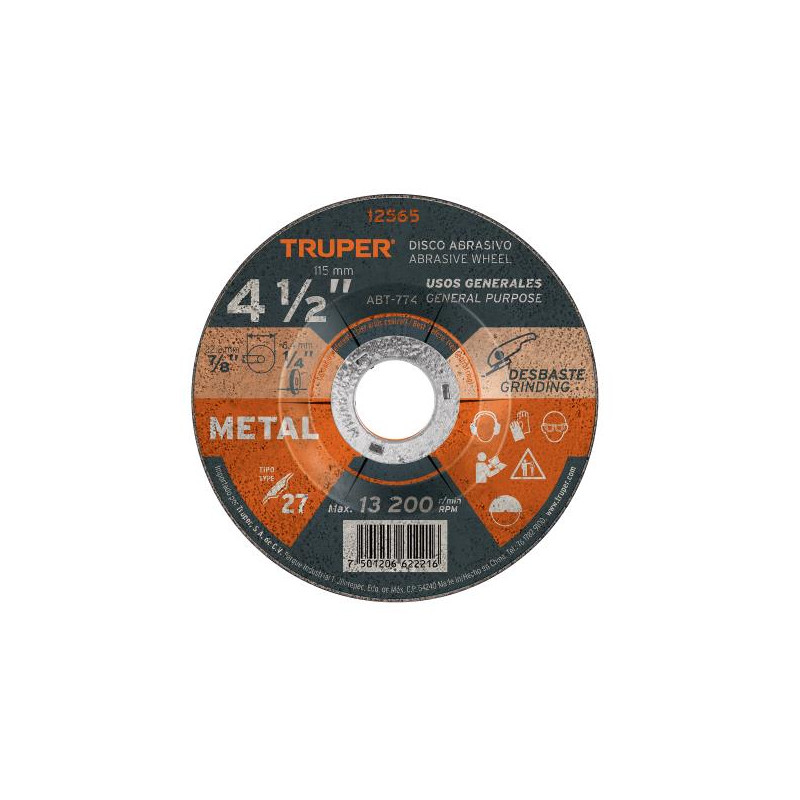  Discos Desbaste 4 1/2" x6.4mm Metal Tipo 27, Centro 7/8", Oxido de Aluminio, ABT-774 12565 Truper 3.474576 Discos Desbaste 4 1/