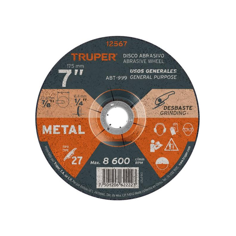  Discos Desbaste 7" x6.4mm Metal Tipo 27, Centro 7/8", Oxido de Aluminio, ABT-999 12567 Truper 7.966102 Discos Desbaste 7" x6.4m