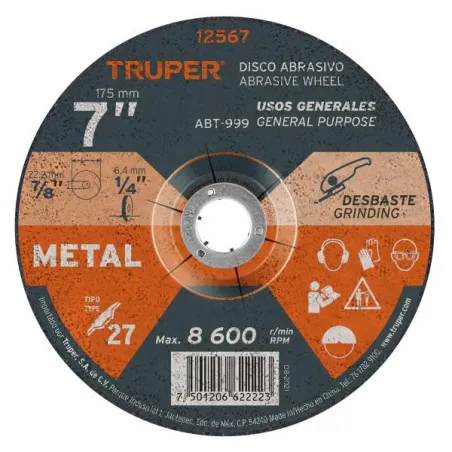  Discos Desbaste 7" x6.4mm Metal Tipo 27, Centro 7/8", Oxido de Aluminio, ABT-999 12567 Truper 7.966102 Discos Desbaste 7" x6.4m