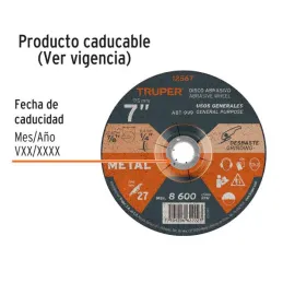  Discos Desbaste 7" x6.4mm Metal Tipo 27, Centro 7/8", Oxido de Aluminio, ABT-999 12567 Truper 7.966102 Discos Desbaste 7" x6.4m