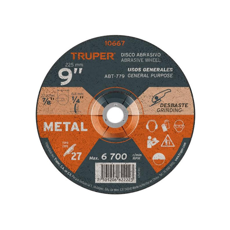  Discos Desbaste 9" x6.4mm Metal Tipo 27, Centro 7/8", Oxido de Aluminio, ABT-779 10667 Truper 11.440678 Discos Desbaste 9" x6.4
