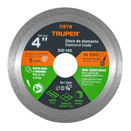  Discos Diamantados 4" continuos Fino  1.6mm, DDT-802C 11578 Truper 15.423729 Discos Diamantados 4" continuos Fino 1.6mm, DDT-80