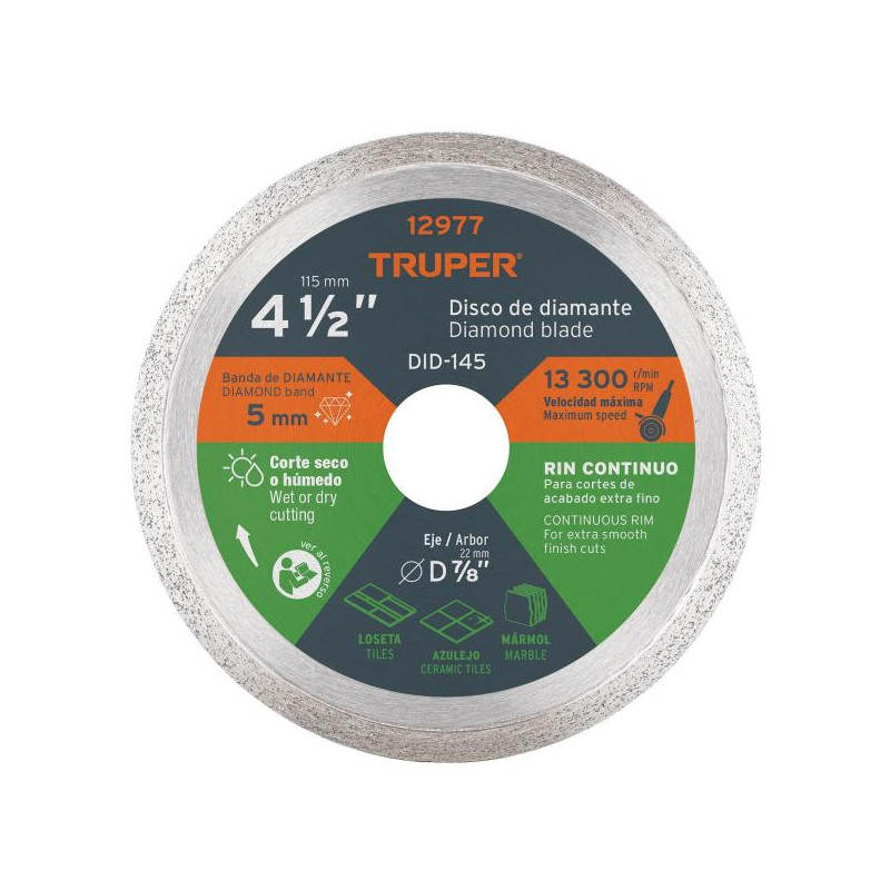  Discos Diamantados 4 1/2" continuos Fino, 1.7mm, DDT-1549C 12977 Truper 16.949153 Discos Diamantados 4 1/2" continuos Fino, 1.7