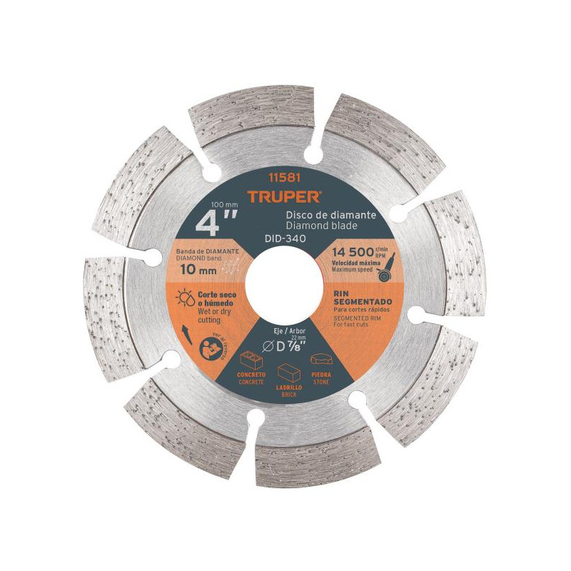  Discos Diamantados 4" Segmentado Cortes Rapido, 2.2mm, DDT-832D 11581 Truper 15.423729 Discos Diamantados 4" Segmentado Cortes 
