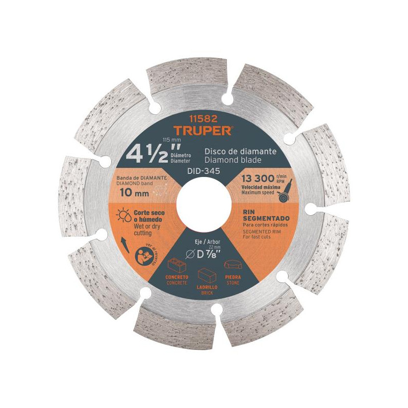  Discos Diamantados 4 1/2" Segmentado Cortes Rapido, 2.2mm, DDT-829D 11582 Truper 16.949153 Discos Diamantados 4 1/2" Segmentado