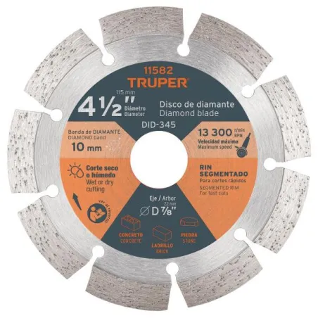  Discos Diamantados 4 1/2" Segmentado Cortes Rapido, 2.2mm, DDT-829D 11582 Truper 16.949153 Discos Diamantados 4 1/2" Segmentado