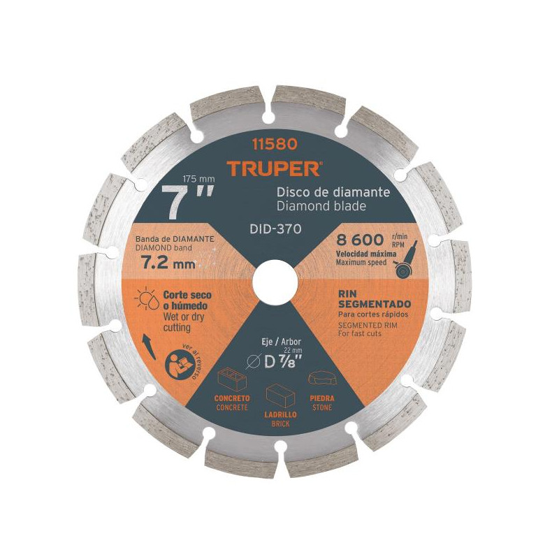  Discos Diamantados 7" Segmentado Cortes Rapido, 2.4mm, DDT-806D 11580 Truper 34.745763 Discos Diamantados 7" Segmentado Cortes 