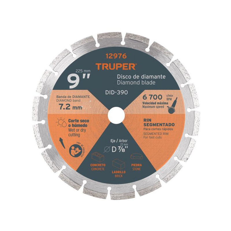  Discos Diamantados 9" Segmentado Cortes Rapido , 2.6mm, DDT-837D 12976 Truper 45.762712 Discos Diamantados 9" Segmentado Cortes