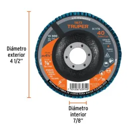  Discos Flap Discs Laminado 4 1/2" G40 Lija de Zirconia, DLT-1716 11673 Truper 7.966102 Discos Flap Discs Laminado 4 1/2" G40 Li