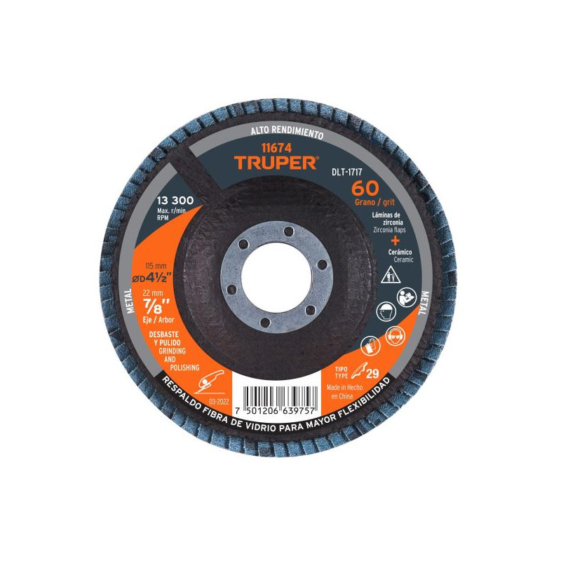  Discos Flap Discs Laminado 4 1/2" G60 Lija de Zirconia, DLT-1717 11674 Truper 7.966102 Discos Flap Discs Laminado 4 1/2" G60 Li