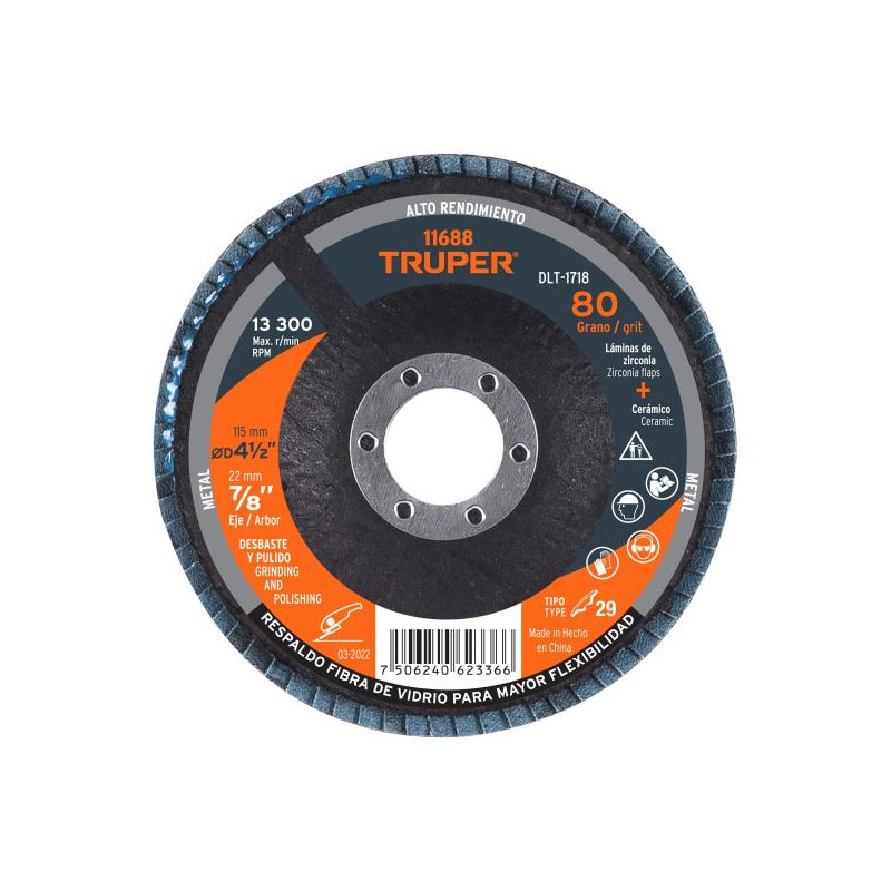  Discos Flap Discs Laminado 4 1/2" G80 Lija de Zirconia, DLT-1718 11688 Truper 7.966102 Discos Flap Discs Laminado 4 1/2" G80 Li