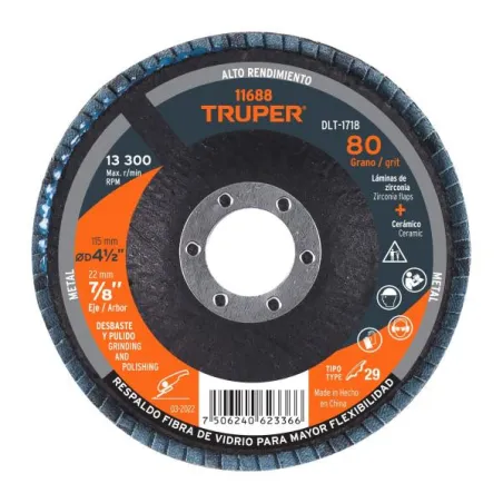  Discos Flap Discs Laminado 4 1/2" G80 Lija de Zirconia, DLT-1718 11688 Truper 7.966102 Discos Flap Discs Laminado 4 1/2" G80 Li