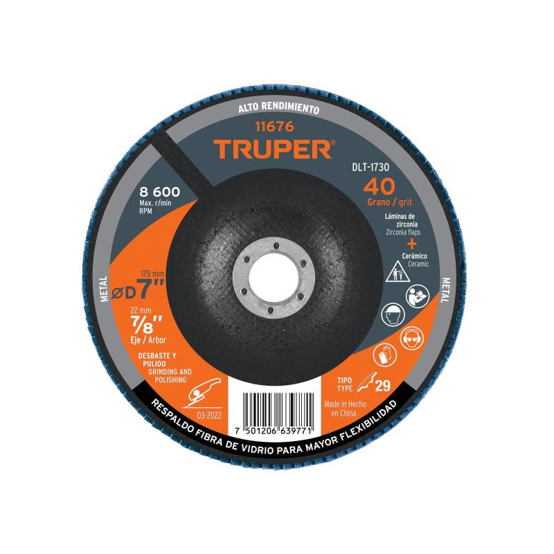  Discos Flap Discs Laminado 7" G40 Lija de Zirconia, DLT-1730 11676 Truper 17.79661 Discos Flap Discs Laminado 7" G40 Lija de Zi