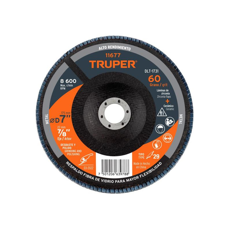  Discos Flap Discs Laminado 7" G60 Lija de Zirconia, DLT-1731 11677 Truper 17.79661 Discos Flap Discs Laminado 7" G60 Lija de Zi