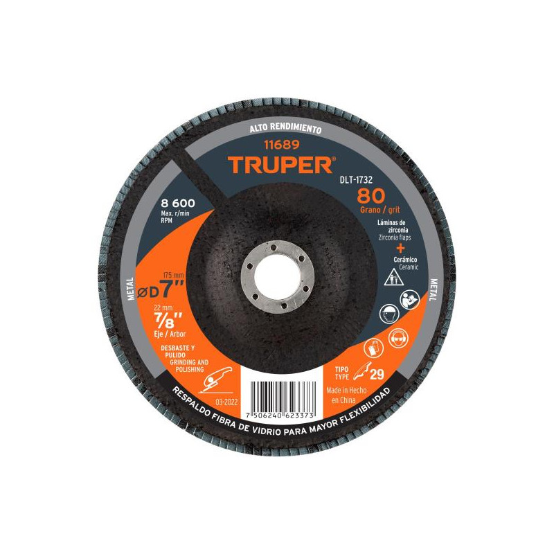  Discos Flap Discs Laminado 7" G80 Lija de Zirconia, DLT-1732 11689 Truper 17.79661 Discos Flap Discs Laminado 7" G80 Lija de Zi
