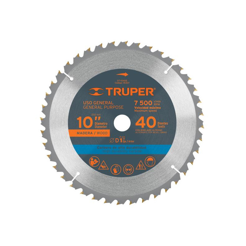  Discos Sierra para Madera 10" Centro 1", 40 Dientes de carburo de tungsteno, ST-1040E 18307 Truper 34.745763 Discos Sierra para