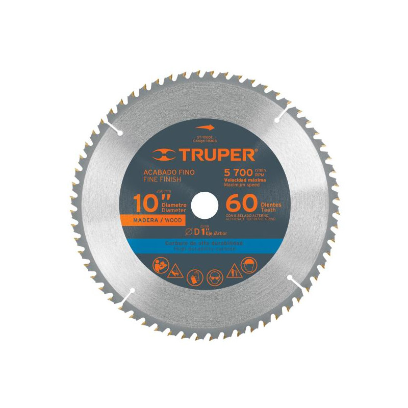 Discos Sierra para Madera 10" Centro 1", 60 Dientes de carburo de tungsteno, ST-1060E 18308 Truper 38.983051 Discos Sierra para
