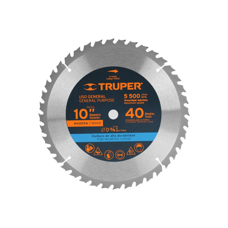  Discos Sierra para Madera 10" Centro 5/8", 40 Dientes de carburo de tungsteno, ST-1040 18305 Truper 34.745763 Discos Sierra par